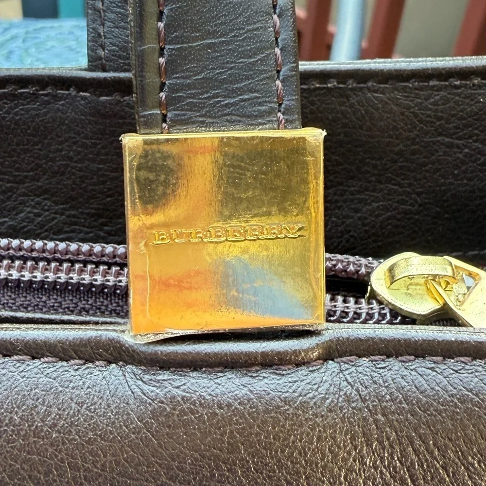 Burberry Brown Leather Tote Bag with Burberry Scarf and perfume.